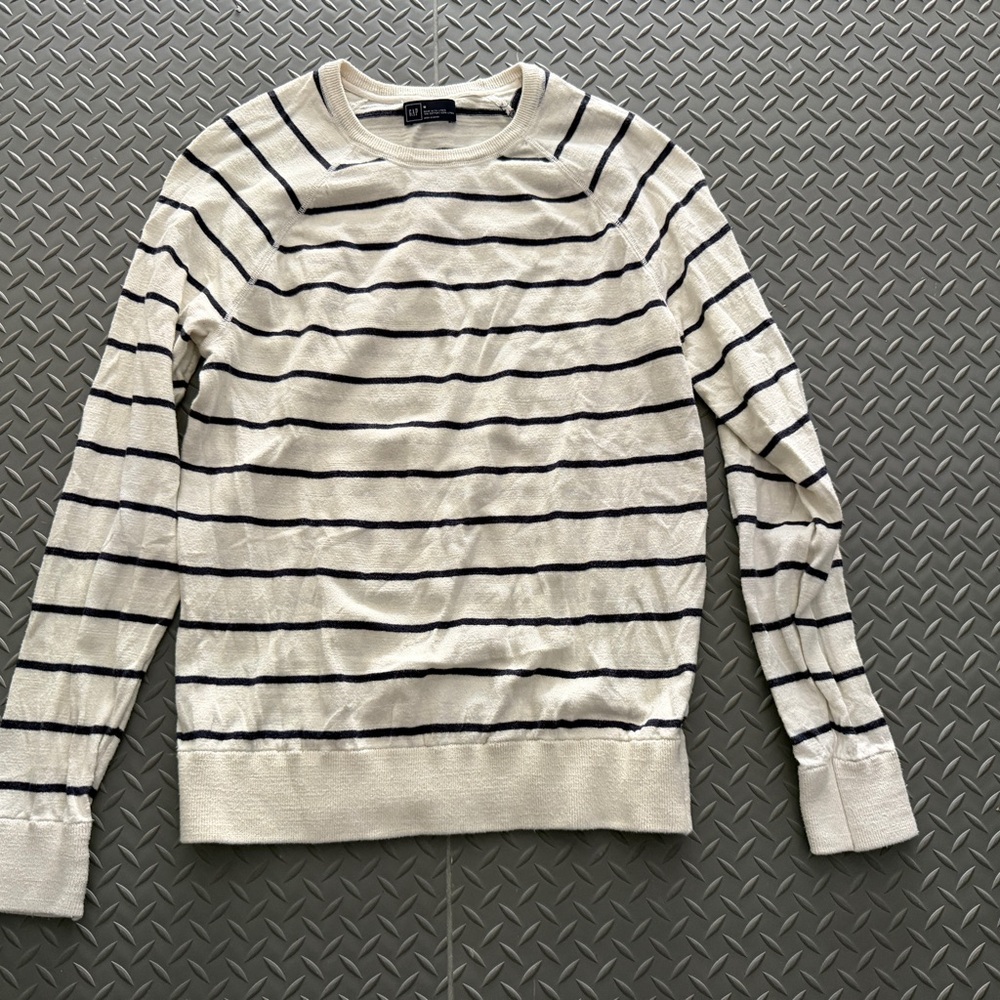 GAP Cream and Blue Striped Crewneck Sweater